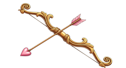 Ornate golden cupid bow and arrow with pink heart tip for love