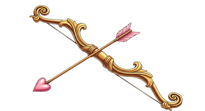Ornate golden cupid bow and arrow with pink heart tip for love