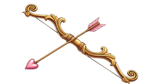 Ornate golden cupid bow and arrow with pink heart tip for love