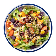 Healthy vegetable salad with lettuce, quinoa seed, azuki bean, corn, tomato, pumpkin and purple sweet potato in a bowl, Top view
