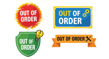 Collection of colorful out of order signs with different design elements