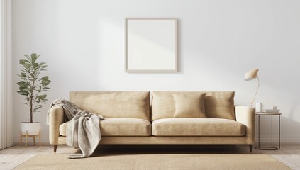 Minimal concept. interior of living beige fabric sofa, wooden table, ceiling lamp and frame on wooden floor and white wall