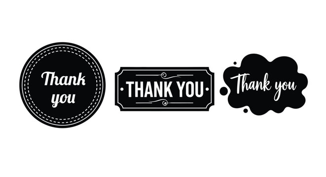 Three black and white thank you graphic designs in varied shapes