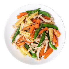 Stir fried vegetables, Green pea, Carrot, Baby corn and Shimeji mushroom with soy sauce, Asian vegetarian food, Top view