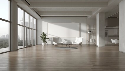 Fototapeta premium Minimalistic exhibition hall interior with blank banner