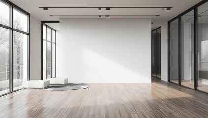 Minimalistic exhibition hall interior with blank banner