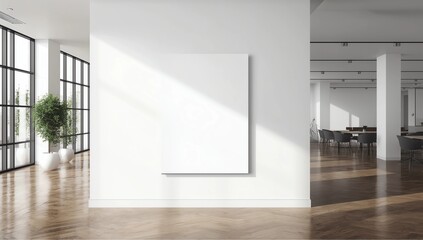 Obraz premium Minimalistic gallery room with city view and empty banner