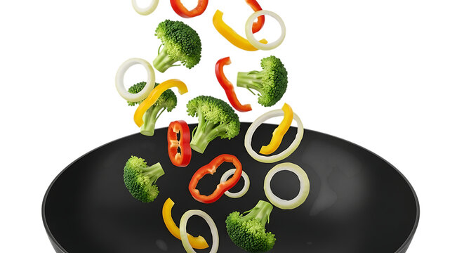 Fresh vegetables falling into a wok for healthy stir-fry cuisine