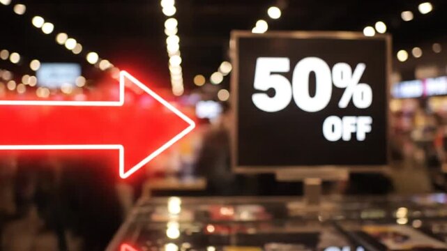 dynamic blinking 50% sale sign with a red arrow in a blurry mall setting
