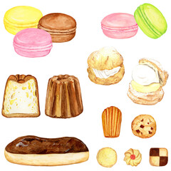 手描き水彩の可愛いフランス菓子セット（マカロン、カヌレ、シュークリーム、エクレア、マドレーヌ、サブレ） / Cute Hand-painted Watercolor French Sweets Set – Macaron, Canelé, Cream Puff, Eclair, Madeleine, and Sablé