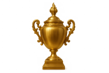 Golden trophy cup representing victory, success, championship, and achievement, isolated with transparent background