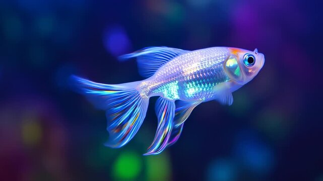 A bioluminescent fish in deep blue water with iridescent scales and fins, detailed and vibrant