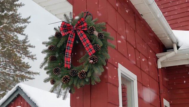 Evergreen Wreath Adorned with a Plaid Bow Attached to a Rustic Red Barn During a Gentle