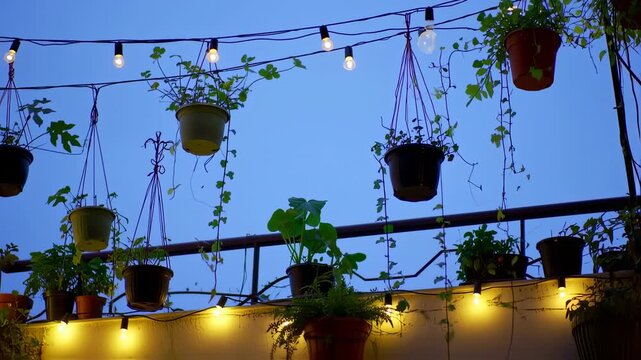 Hanging potted plants and string lights illuminate a rooftop garden against a blue twilight sky