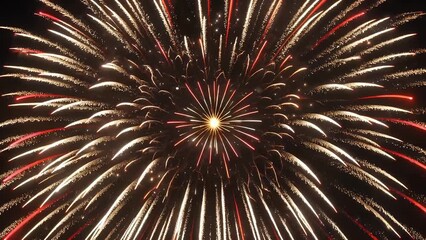 pyrotechnic display exhibiting a radial burst pattern in vivid hues against a dark unobstructed backdrop captured during a national holiday