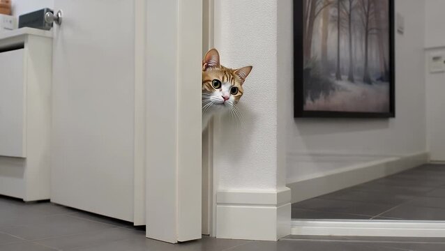 Feline Creature Cautiously Observes from a Partially Concealed Position Behind an Entryway Inside a Domestic