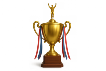Gold trophy cup with winning figure, celebrating achievement, success, victory, and championship on transparent background