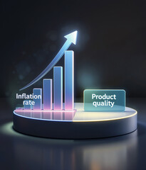 Financial success concept: 3D bar chart with an upward arrow on a laptop screen illustrating business growth and market profit data