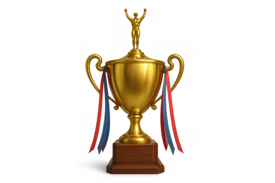 Gold trophy cup with winning figure, celebrating achievement, success, victory, and championship on transparent background