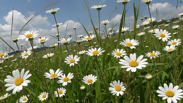 overhead perspective depicting a lush carpet of verdant blades of grass interspersed with tiny white daisy blossoms serving as a natural
