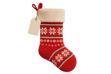 Red knitted christmas stocking hanging with blank gift tag, winter holiday decor, transparent background