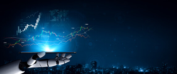 Robotic hand presents a digital tablet featuring dynamic financial graphs and trends against a dark city skyline, symbolizing innovation in technology and finance. Scalp