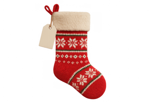 Red knitted christmas stocking hanging with blank gift tag, winter holiday decor, transparent background