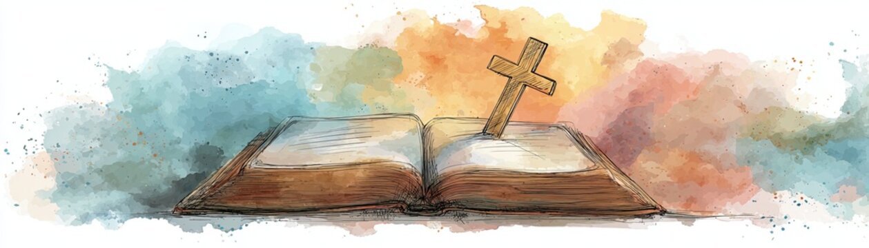 An illustrated open book with a cross emerging from its pages, surrounded by a colorful watercolor background.