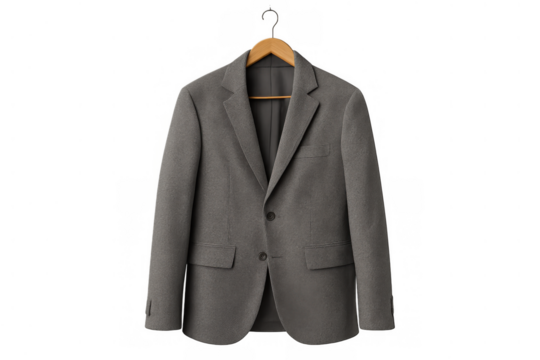 Gray blazer hanging on a wooden hanger, portraying smart business attire suitable for office, events, and elegant fashion concepts
