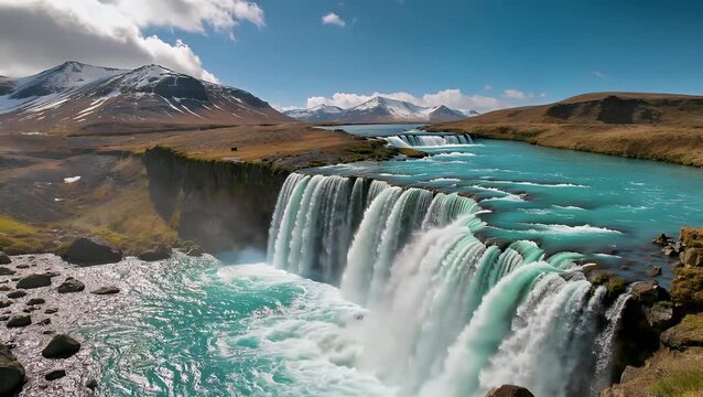 Vivid Turquoise Waterfall Cascading Through a Mountainous Landscape During the Spring