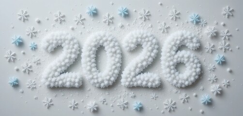 2026 Crisp Winter Theme: Numbers formed by white fluffy snow-like texture and surrounded by light blue and white snowflakes, symbolizing the cold and festive atmosphere for the New Year.