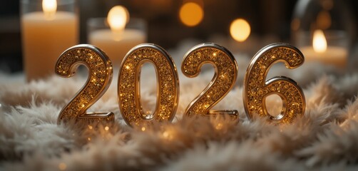 2026 Candlelight New Beginning: Diamond-studded golden numbers resting on a soft white faux fur rug, surrounded by warm candlelight and bokeh for a cozy New Year and Christmas celebration.