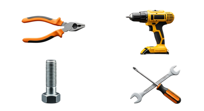 Essential repair tools: pliers, drill, bolt, wrench, screwdriver