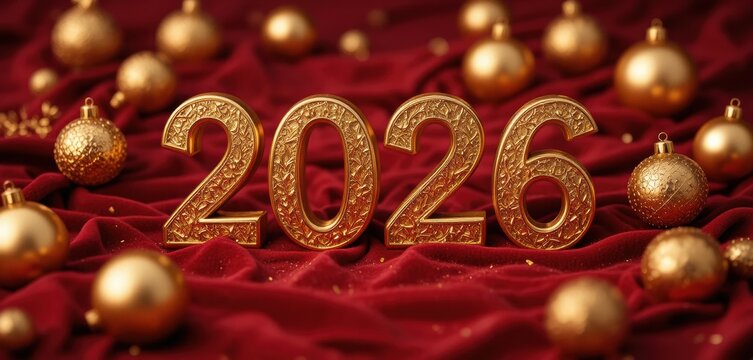 Luxurious and Elaborate 2026: Ornate engraved gold letters resting on vibrant red velvet with festive holiday baubles and gold glitter for New Year's Eve celebration.