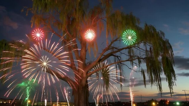 Pyrotechnic Display Featuring a Variety of Exploding Projectiles that Create a Cascading Visual Effect Resembling a Weeping Willow