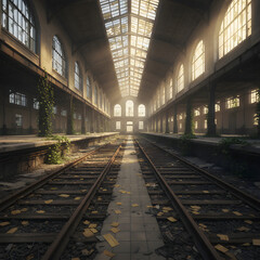 Obraz premium Abandoned Train Terminal with Sunlight and Rusted Tracks