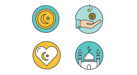 Islamic symbols of faith and charity in colorful circular icons.
