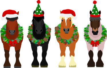 set of four Belgian draft horses with Christmas hats and wreaths