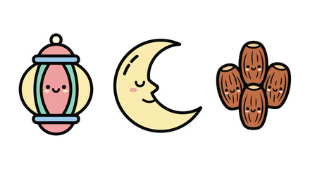 Cute Ramadan Icons - Lantern, Crescent Moon, and Dates.