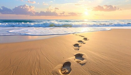 Footprints on a golden sandy beach leading towards the ocean waves at sunrise with sunrays beaming through soft clouds.