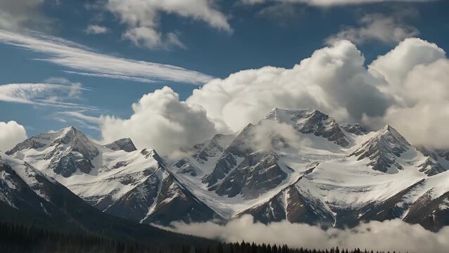 Mountain Range Characterized by Peaks Covered in Snow  Representing an Untamed Natural Landscape with Clouds Moving Past the