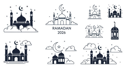 Ramadan 2026 - Mosque and Crescent Moon Illustrations.