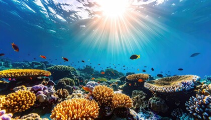 Obraz premium Sunlight Filters Through Vibrant Tropical Waters Illuminating An Ocean Reef Teeming With Small Fish and Detailed Coral Textures