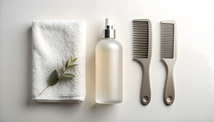 Spa day essentials Towel, spray bottle, combs, and a touch of nature for self-care and relaxation