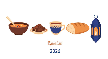 Ramadan food and lantern illustration for 2026 celebration.