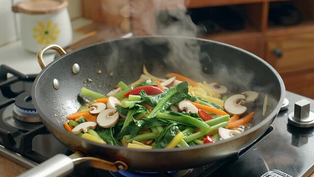 Culinary Preparation of Assorted Vegetables Being Cooked with Steam in a Round-Bottomed Pan  Characteristic of Eastern Cuisine