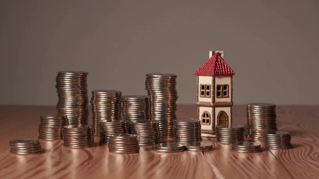 Miniature house with giant coin stack on wooden table, simple composition for money finance investment savings and real estate wealth planning concept