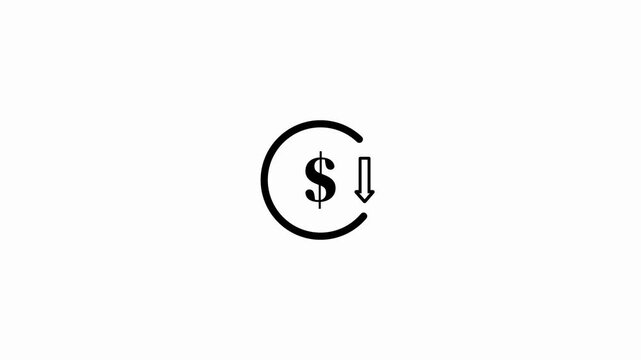 Black Dollar Sign and Down Arrow Icon in Circle on White Background money currency