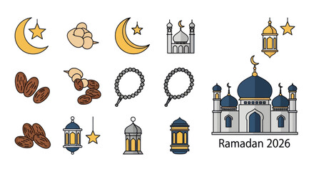 Ramadan Icons - Crescent Moons, Dates, Mosque, Lanterns, and Prayer Beads.