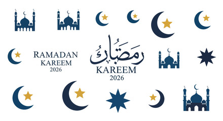 Ramadan Kareem 2026 vector icon set with mosques crescent moons and stars.